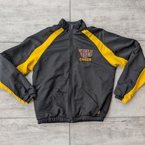Vintage Varsity Brand TTU Cheer Black Yellow Purple Varsity Jacket Women's Small
